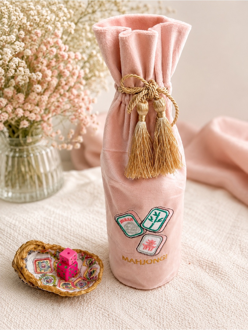 Blush Velvet Mahjong Tile Bag with Gold Tassel
